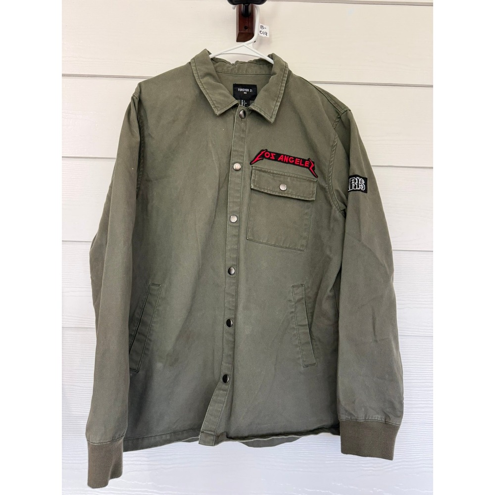 #B- 019- Forever 21 Men Olive Green Utility Jacket City Patche Los Angeles Paris